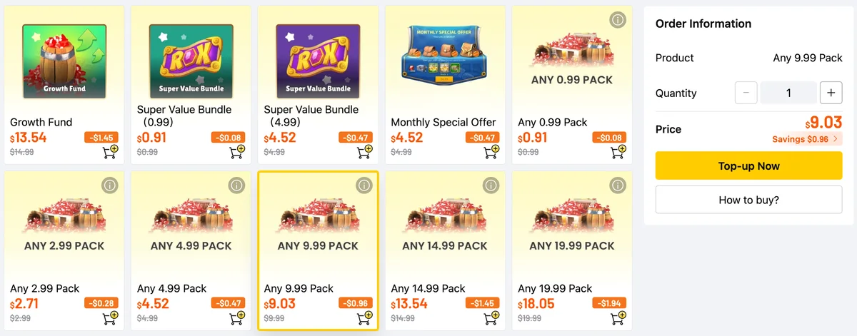 LootBar Rise of Kingdoms store with the Any 9.99 Pack selected for $9.03