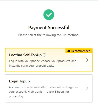 Payment successful screen with LootBar Self-TopUp marked as recommended