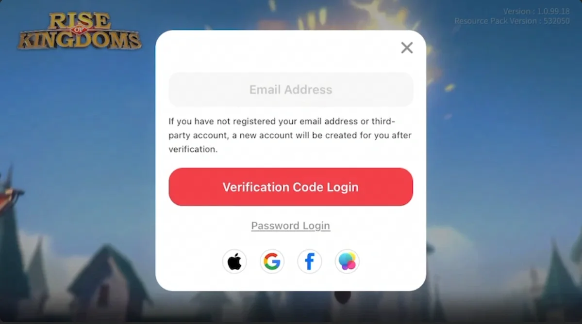 Rise of Kingdoms login window inside Self-TopUp