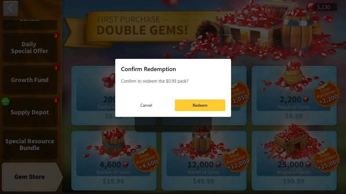 Rise of Kingdoms Gem Store with the Confirm Redemption dialog