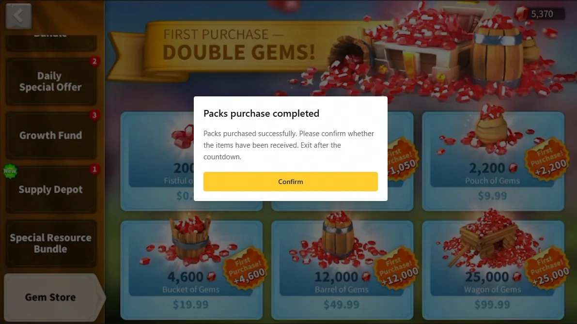 Packs purchase completed message in the Rise of Kingdoms store