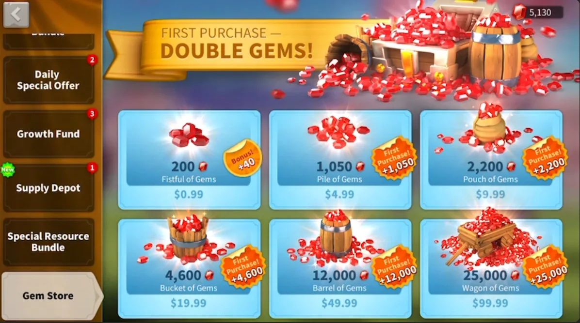 Rise of Kingdoms Gem Store with gem packs from $0.99 to $99.99